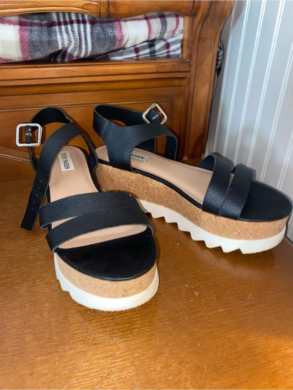 Women’s Black Cork Platform Sandals with White Sole - Steve Madden